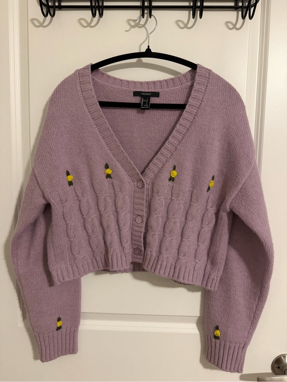 Forever 21 Lavender Cropped Cable-Knit Cardigan with Yellow Floral Embroidery